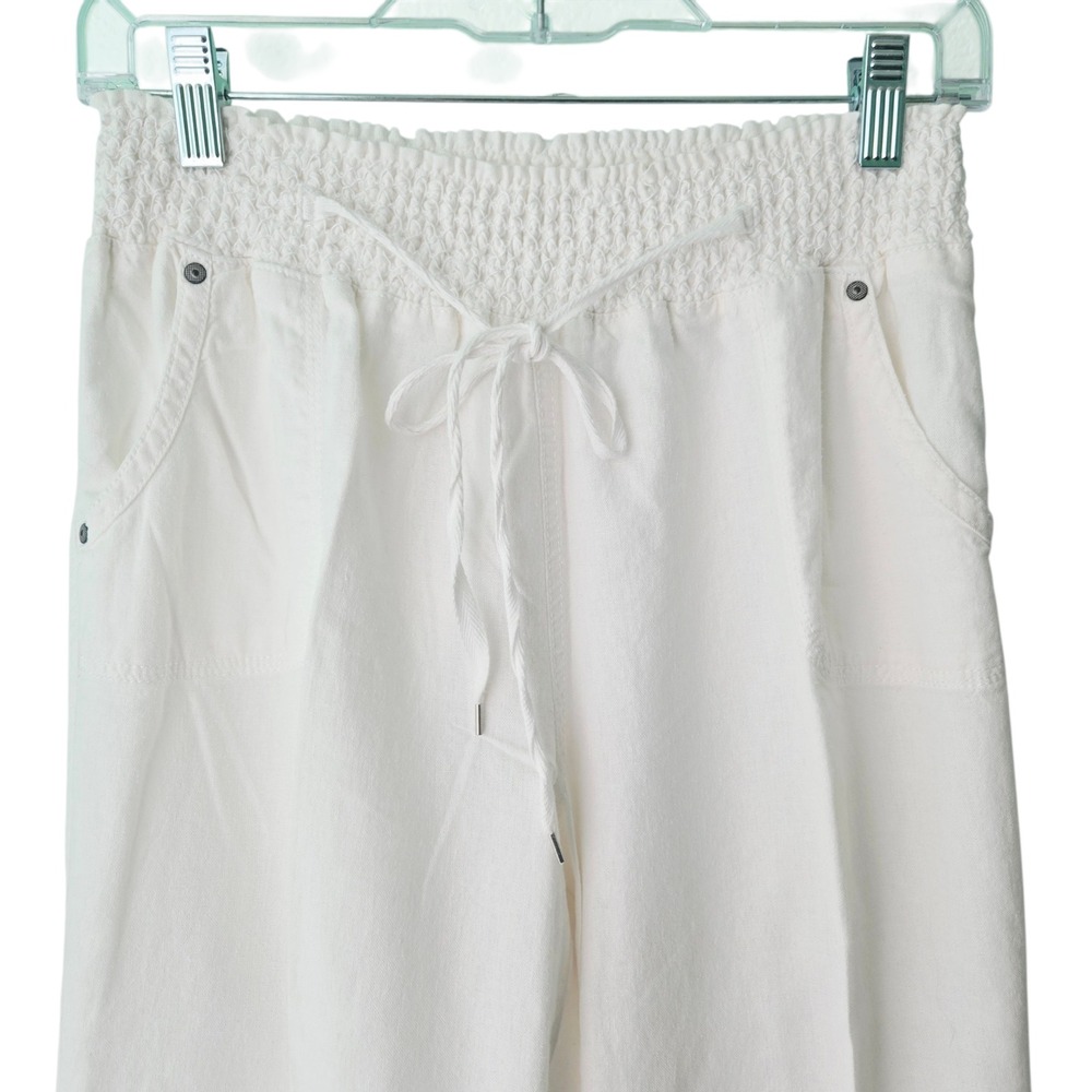Cavalini White Linen Blend Wide Leg Smocked Waist Drawstring Pants Large Beachy - Picture 2 of 11